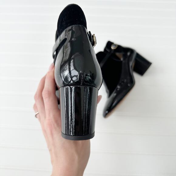 Valentino Black Patent Leather Velvet T-Strap Block Heel Ankle Strap Pumps 38 - Picture 4 of 9